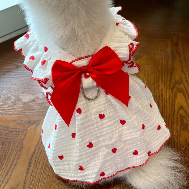 Heart-patterned bow pet dress