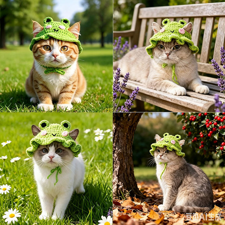 Knitted frog hat for cats