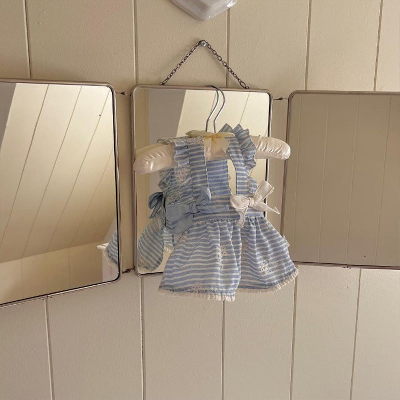 Striped lace ruffle bow dog dress