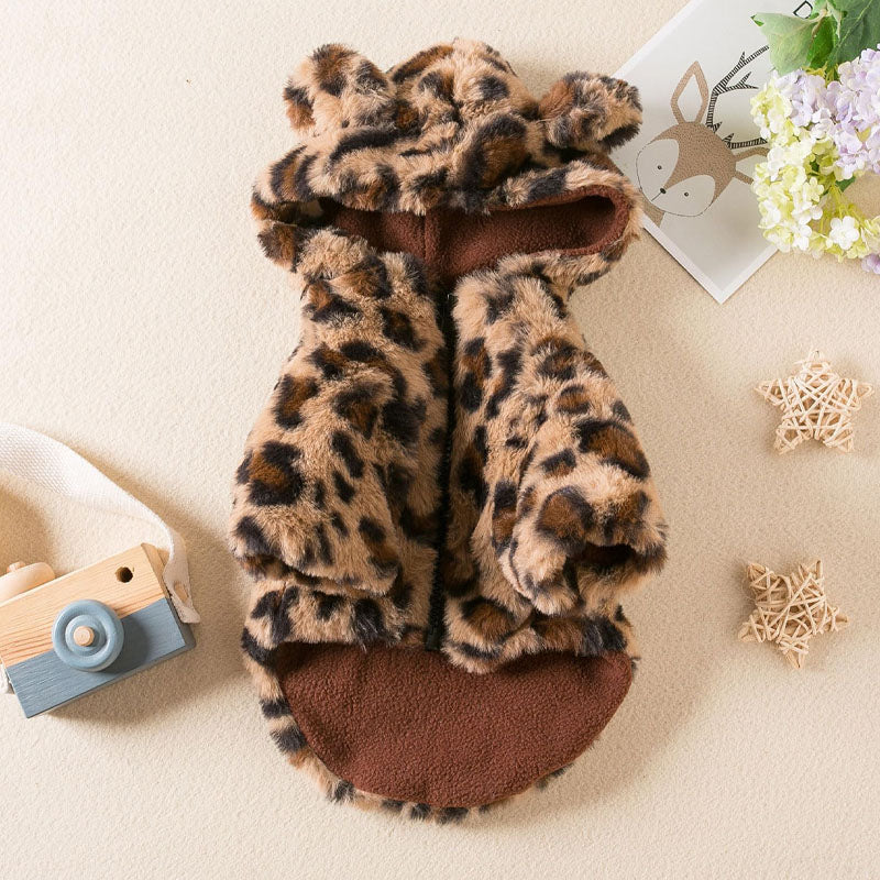 Leopard-print plush hooded sweatshirt for pets