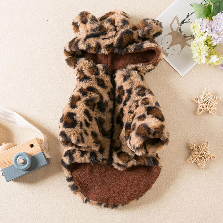 Leopard-print plush hooded sweatshirt for pets