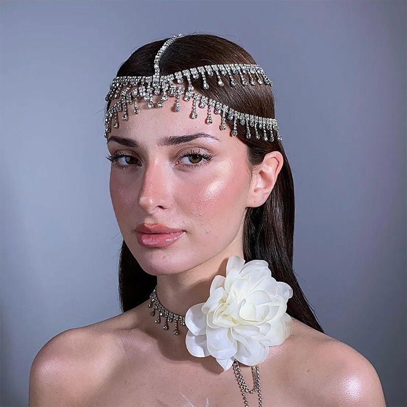 Multi-layer rhinestone fringed forehead chain