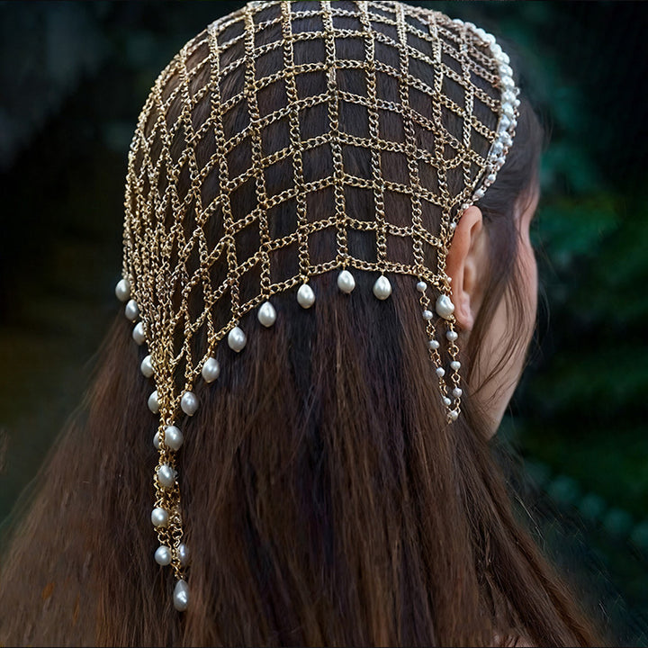 Water drop pearl mesh tassel headband