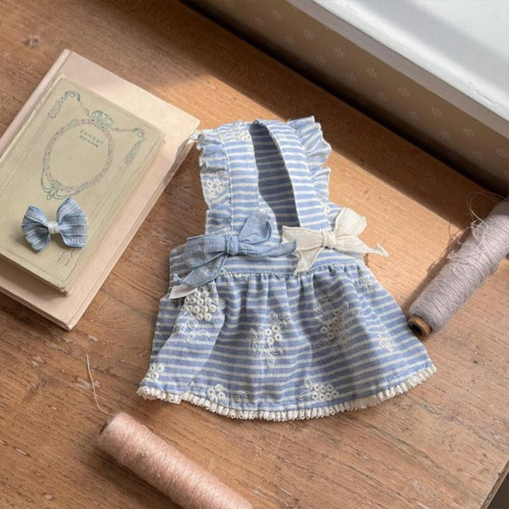 Striped lace ruffle bow dog dress