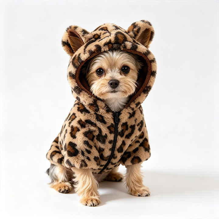 Leopard-print plush hooded sweatshirt for pets
