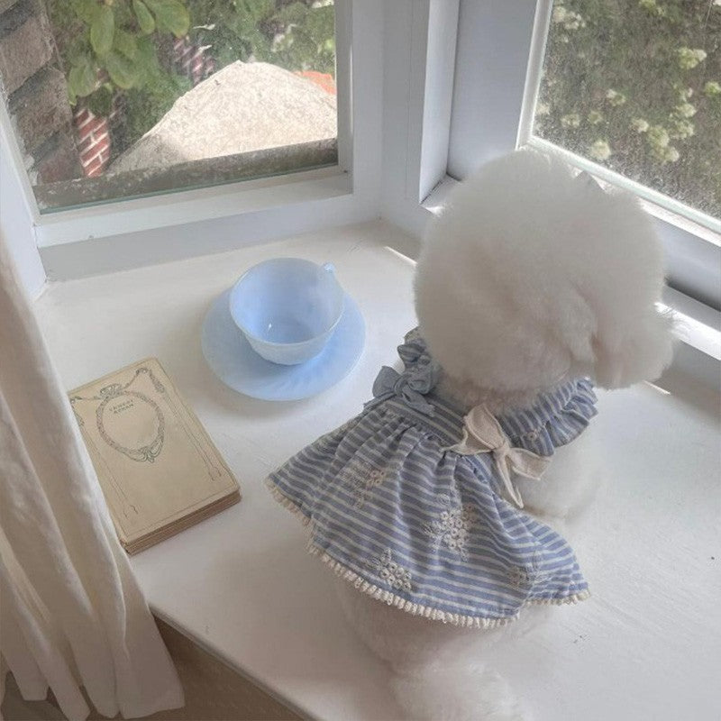 Striped lace ruffle bow dog dress