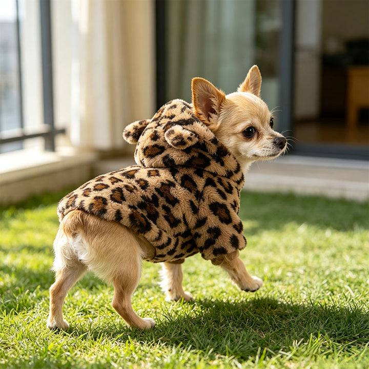 Leopard-print plush hooded sweatshirt for pets