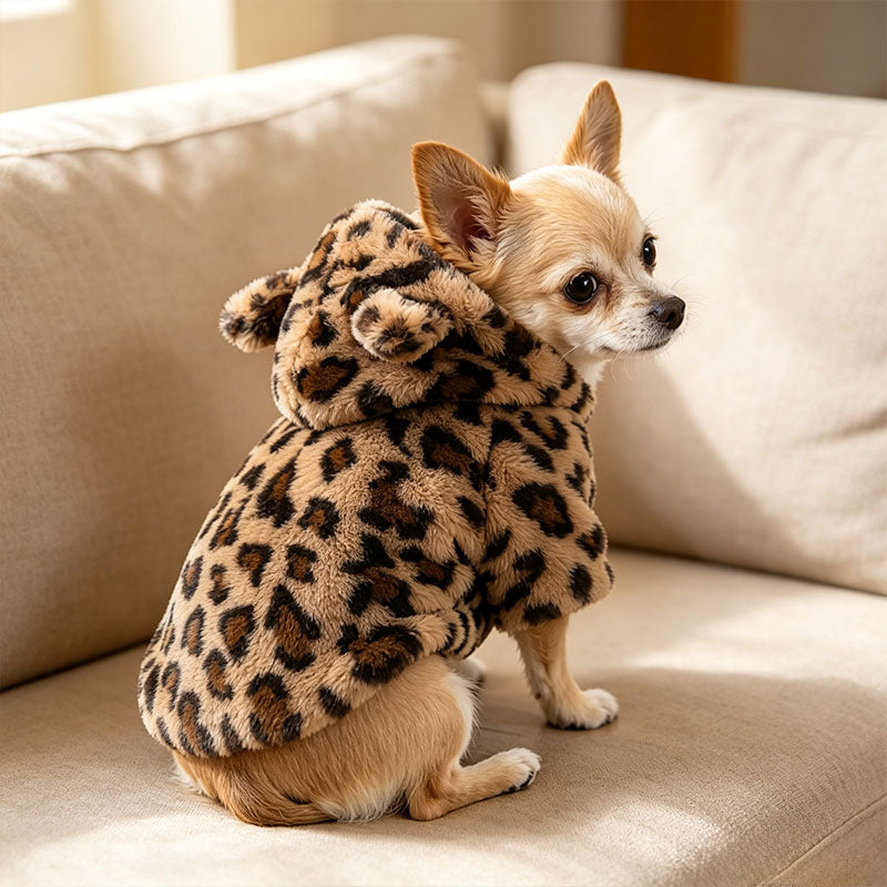 Leopard-print plush hooded sweatshirt for pets
