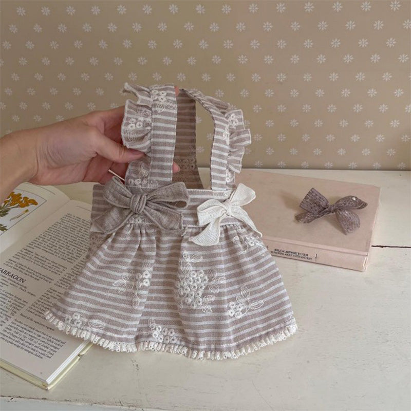 Striped lace ruffle bow dog dress