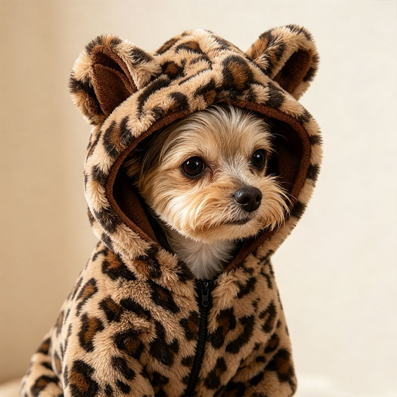 Leopard-print plush hooded sweatshirt for pets