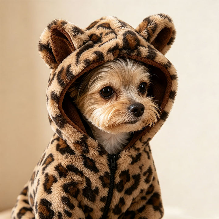 Leopard-print plush hooded sweatshirt for pets