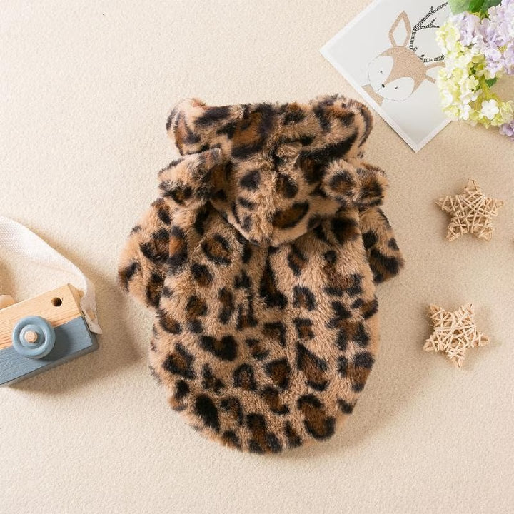 Leopard-print plush hooded sweatshirt for pets