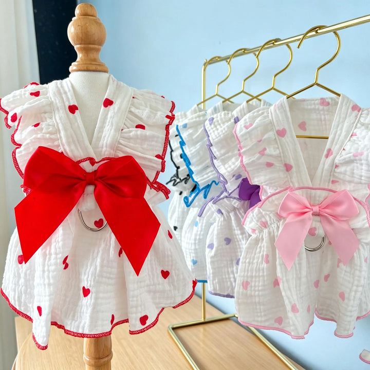 Heart-patterned bow pet dress