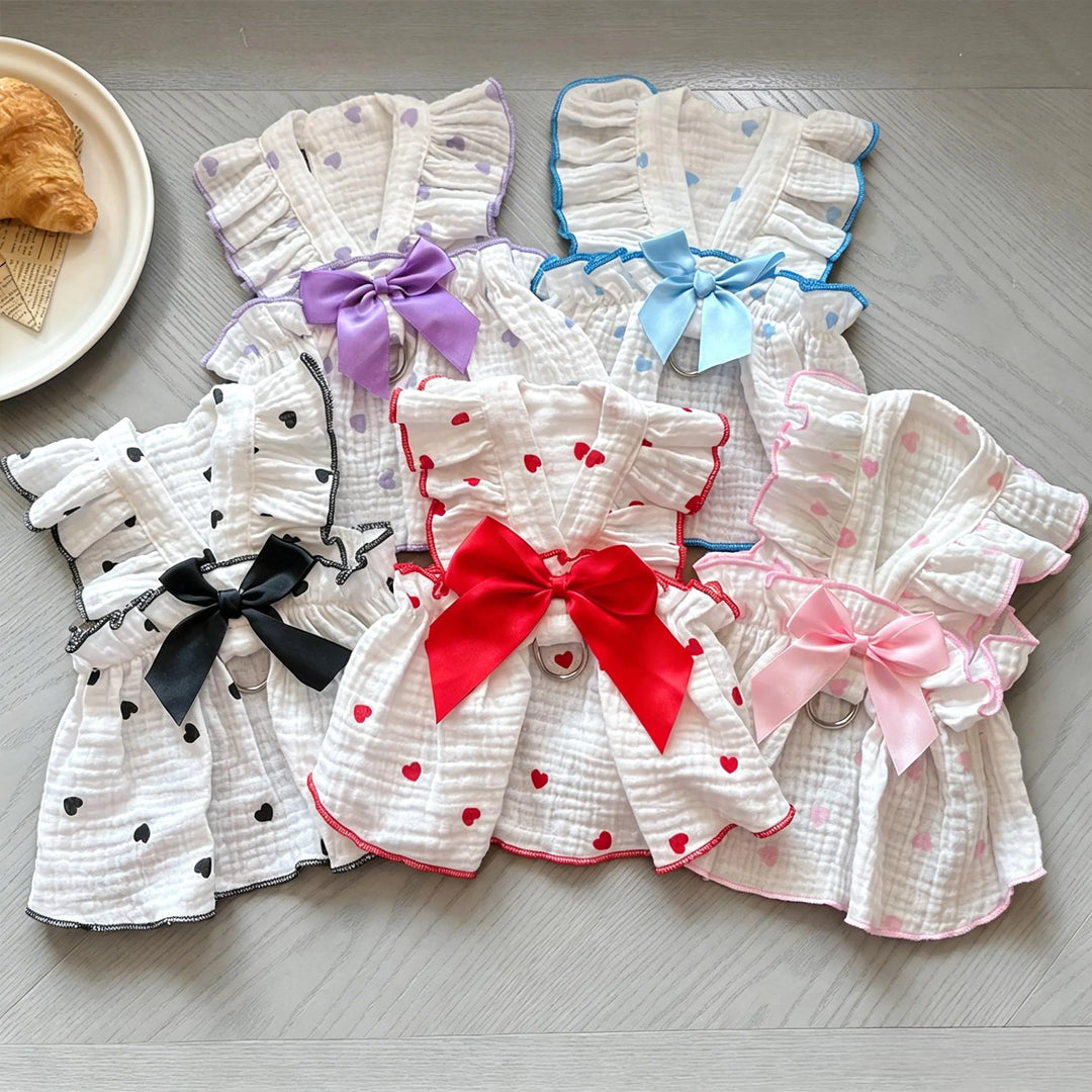 Heart-patterned bow pet dress
